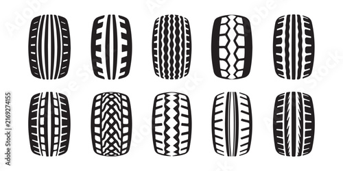 Bild auf Leinwand Set of black car tire treads with different patterns for automotive branding and graphic design projects