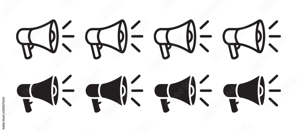 Fototapeta premium Megaphone audio icon set in line and solid black styles for broadcast promotion announcement design.