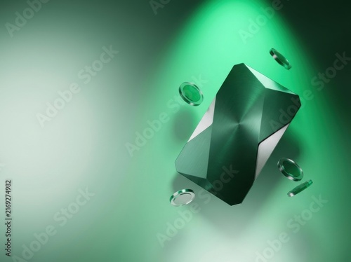 Futuristic digital wallet card with floating coins on a dark green background
