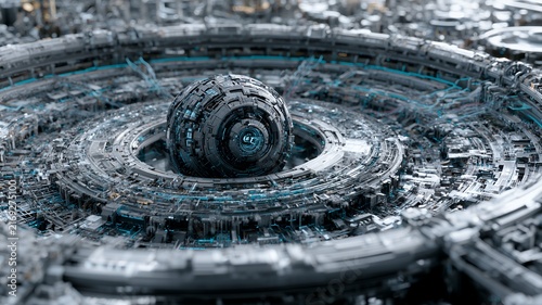 AI Computing Core Surrounded By Advanced Digital Architecture, Futuristic Processing System For Enterprise Technology Presentation, Website Hero Background And AI Technology Marketing