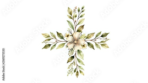 Watercolor floral cross with green leaves and white flowers on white background