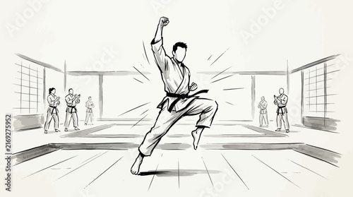 Karate instructor performing a dynamic flying kick inside a traditional dojo with students watching in the background.