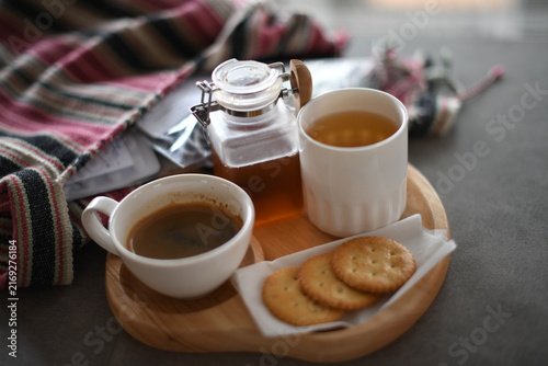 Bild auf Leinwand Thai Style Coffee Set with Espresso Tea Honey Jar and Crackers on Wooden Tray wi