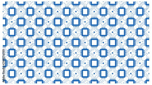 Blue digital circuit board pattern with microchip processor grid on white background