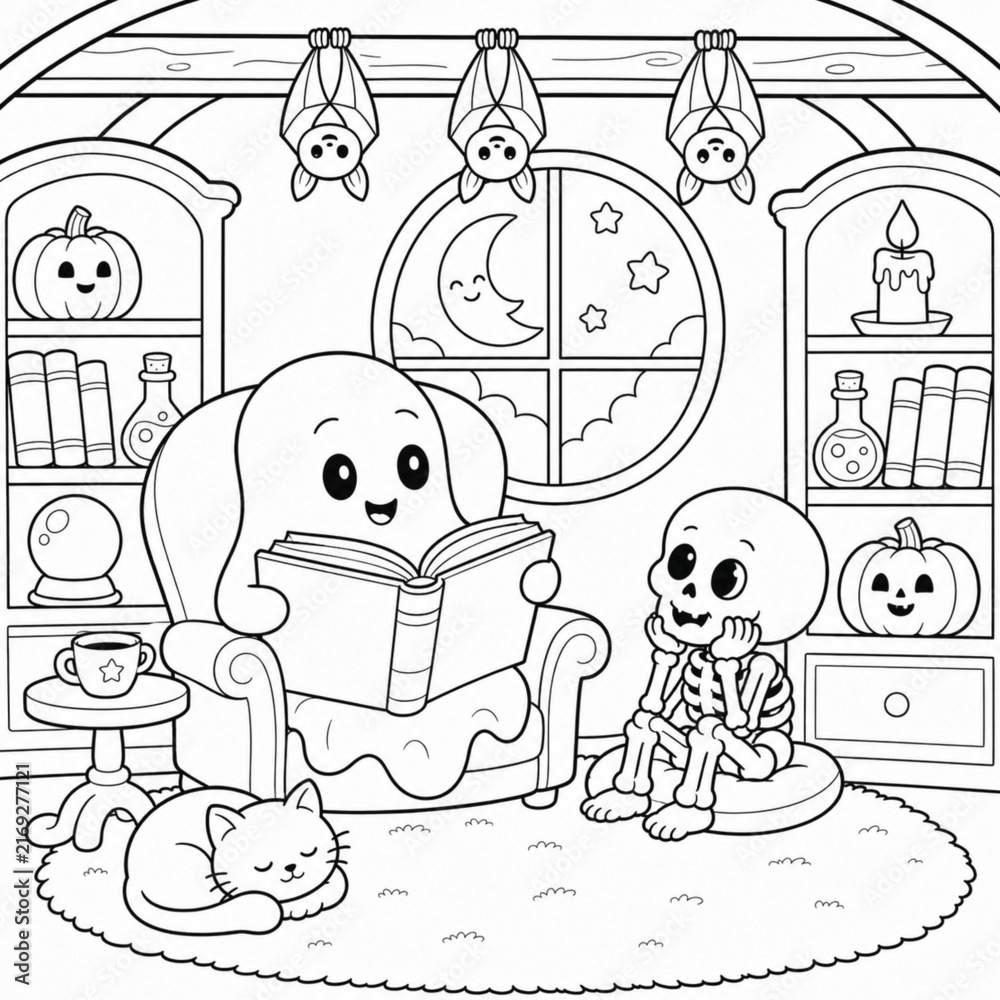 Fototapeta premium Friendly ghost reading a book to a skeleton in a cozy room with pumpkins, bats hanging from ceiling, and cat sleeping, ideal for Halloween stories.