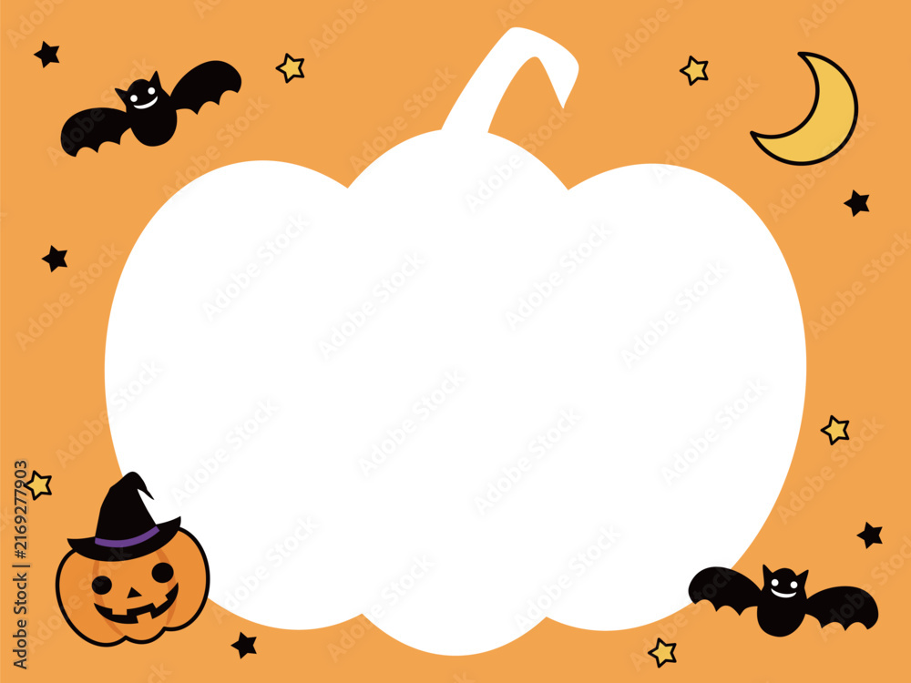 Fototapeta premium 大きなかぼちゃの形をした白いフレームとハロウィン素材