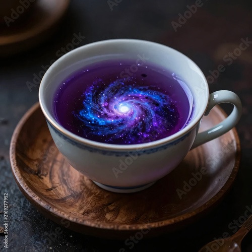 Classic Porcelain Teacup Filled with a Swirling Glowing Liquid Cosmic Galaxy