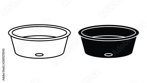 Set of two round plastic basins or bowls, outline and silhouette icons