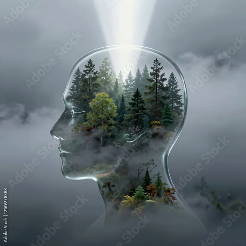 Transparent Glass Human Head Silhouette Containing a Lush Miniature Pine Forest and Fog