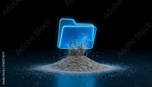 Glowing Neon Blue 3D Holographic Computer Folder Icon Crumbling into Dust