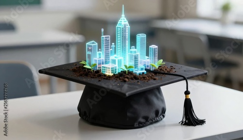 Futuristic Glowing Neon City Growing from Soil on a Black Graduation Cap