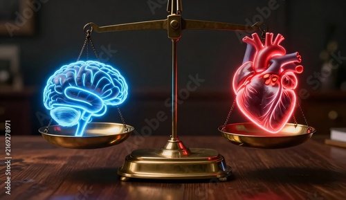 Vintage Weighing Scale Balancing a Glowing Blue Brain and a Glowing Red Heart