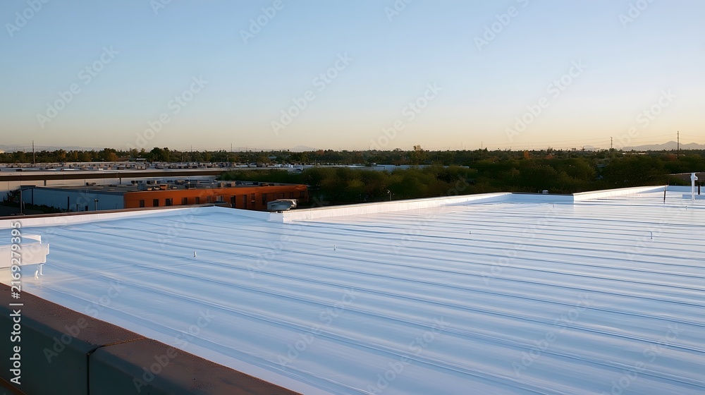 Obraz premium A large white reflective roof on a commercial building with distant trees and sky at sunset