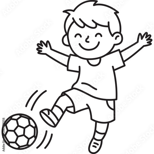 A simple and cute line art illustration of a cheerful young boy kicking a soccer ball, perfect for children's coloring books or sports-themed designs.