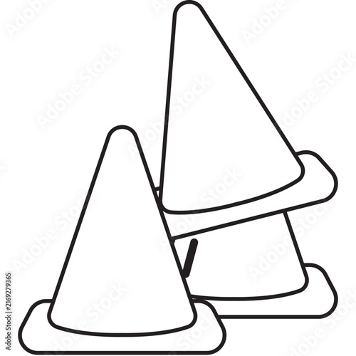 A simple black and white vector outline illustration of traffic cones, featuring one standalone cone and two stacked cones, ideal for safety, construction, or roadwork concepts.