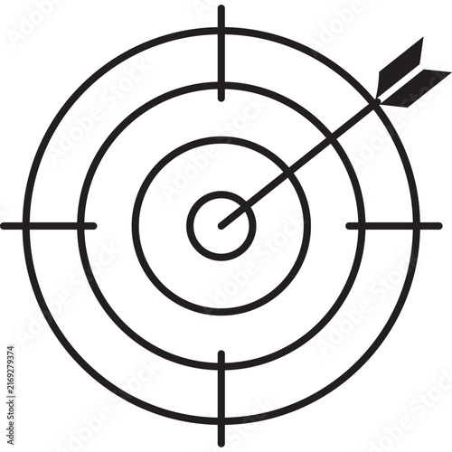 A minimalist line art icon of a target board with an arrow hitting the center bullseye, symbolizing goals, success, and strategic achievement.