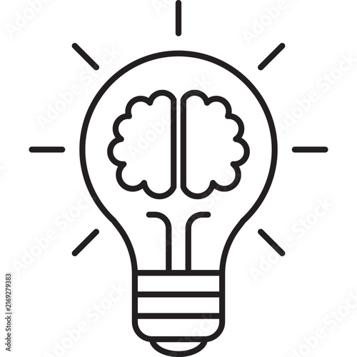 Minimalist line art icon of a glowing light bulb with a human brain inside, symbolizing creative thinking, intelligence, and innovative ideas.