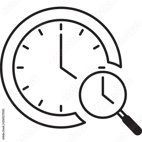 A minimalist vector line icon representing time search, history, or time tracking, featuring a clock and a magnifying glass.