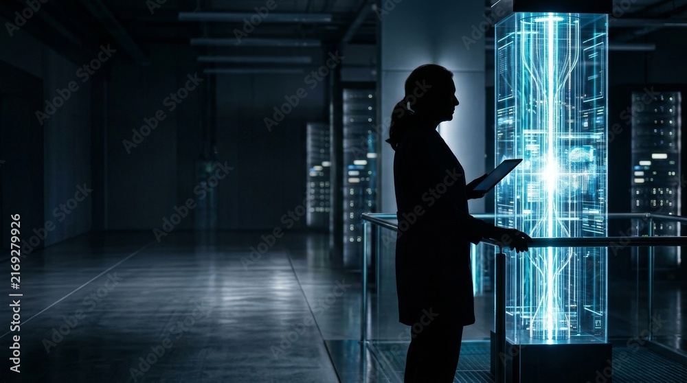 Fototapeta premium Cloud Migration and Scalable Digital Infrastructure, A silhouetted figure interacts with a glowing digital display in a dark, high-tech environment.