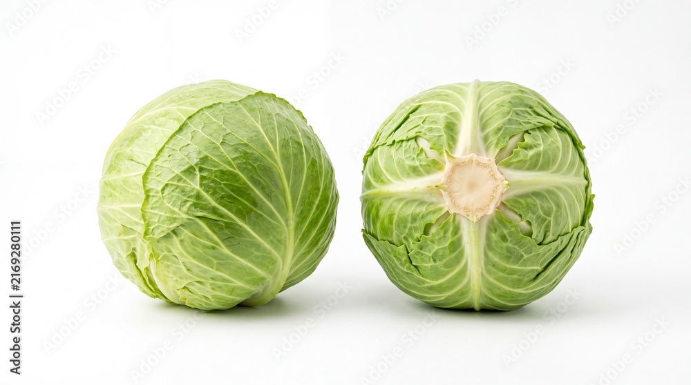 Fototapeta premium Fresh raw green cabbage heads captured in studio lighting displaying vibrant textures and crisp leaves arranged perfectly on white background