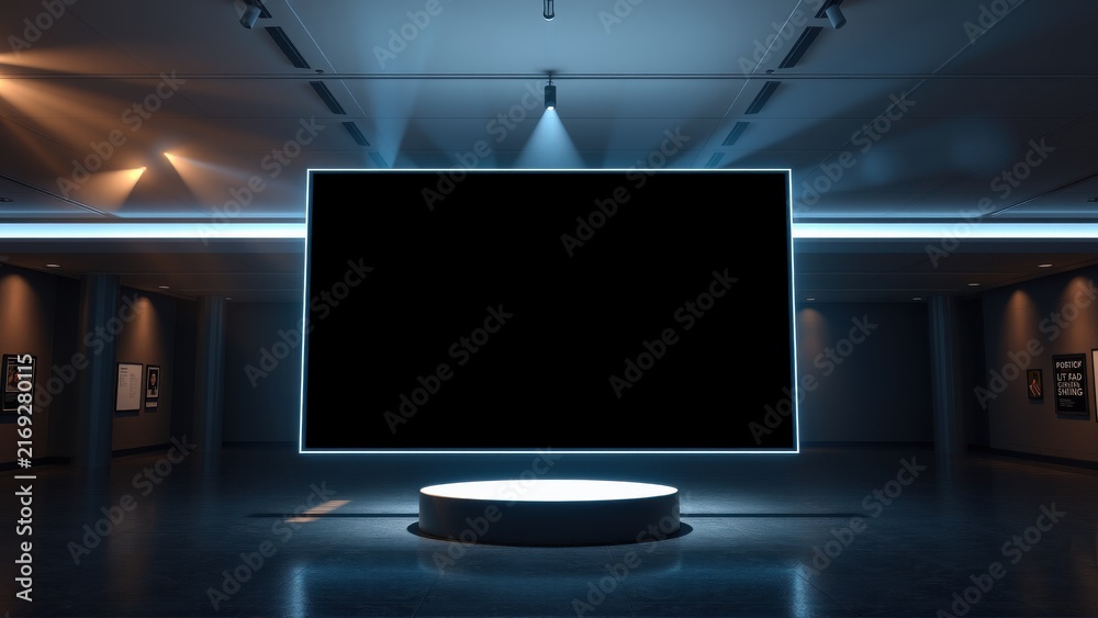 Fototapeta premium Modern gallery space. Dark room features large screen, pedestal. Artwork displayed on walls. Dramatic lighting creates ambiance.