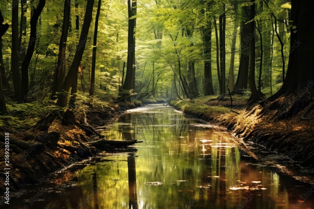 Fototapeta premium River through forest landscape sunlight outdoors.