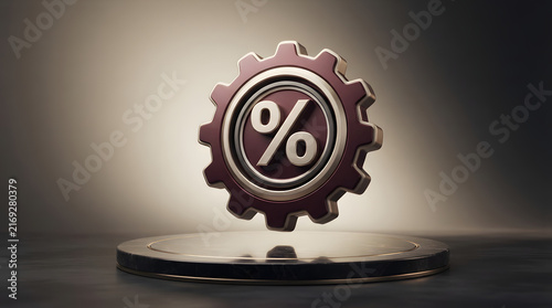 Metallic cogwheel gear with engraved percentage symbol sitting on dark stone pedestal for financial growth or sales concept.