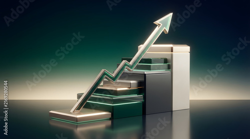 Metallic rising arrow graph showing upward financial trajectory mounted on tiered platforms for business success data analysis.