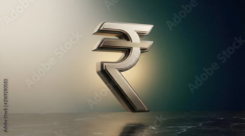 Metallic rupee currency symbol rendered with sharp edges on dark marble table reflecting luxury financial banking market concept.