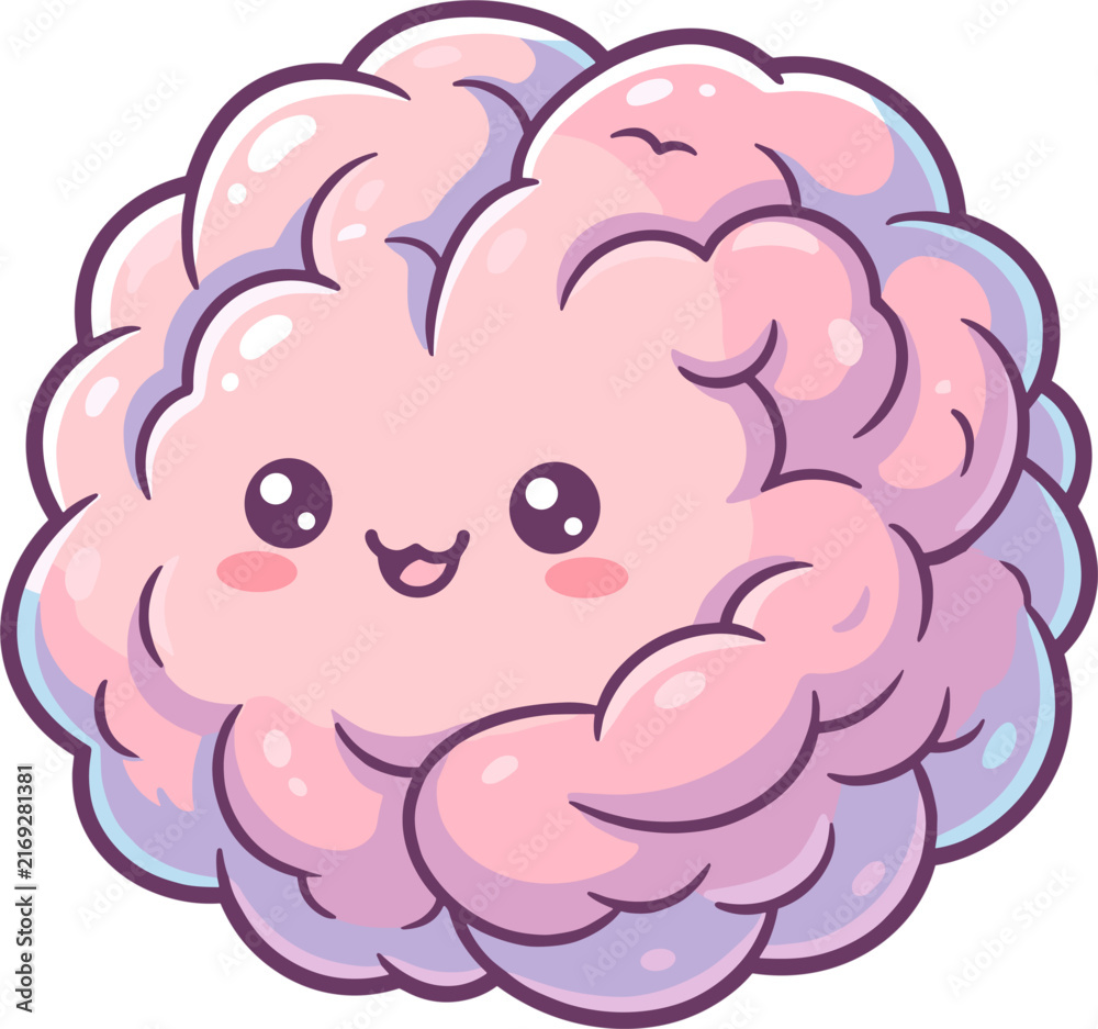 Naklejka premium Cute kawaii cartoon brain character with smiling face and big eyes, perfect for educational or medical concepts