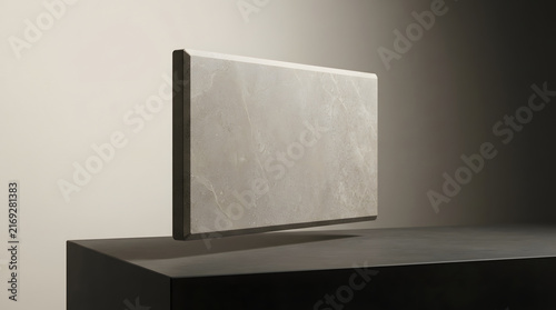 Single large rectangular stone panel with marble texture floating above dark concrete pedestal against soft neutral background.