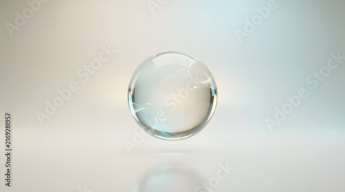 Transparent glass sphere with swirling light energy patterns hovering over smooth reflective surface for ethereal abstract art.