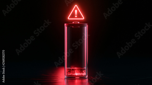 A glowing red low battery icon with a warning sign floats above a glass battery cylinder in the dark. Conceptual imagery for energy depletion issues.