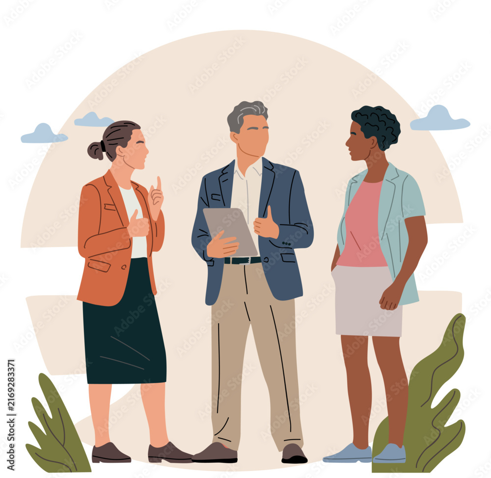 Obraz premium Three individuals stand together outdoors, engaged in conversation. Woman gestures thoughtfully while speaking. Man holds a tablet, appearing attentive and involved. Another woman listens