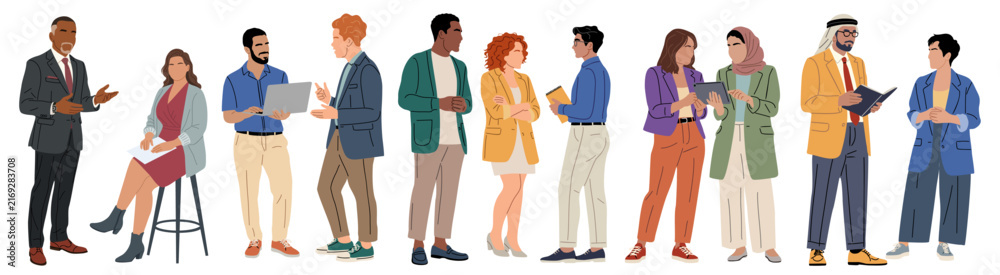Fototapeta premium People stand together, engaged in conversation or work. Diverse group shows calm focus, mutual respect, or teamwork. Vector style gives clean, modern look suitable for presentations