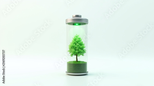 3D render of transparent battery with growing green tree isolated on white