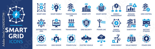 Smart Grid Icons Set, Smart Energy, Power Grid, Energy Management, Smart Meter, Transmission Line and Renewable Energy. Electricity Network Vector Solid Icons Collection.