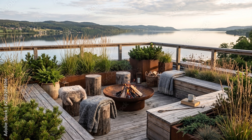 Fototapeta premium Rooftop Terrace with Fire Pit and Scenic Lake View at Sunset.