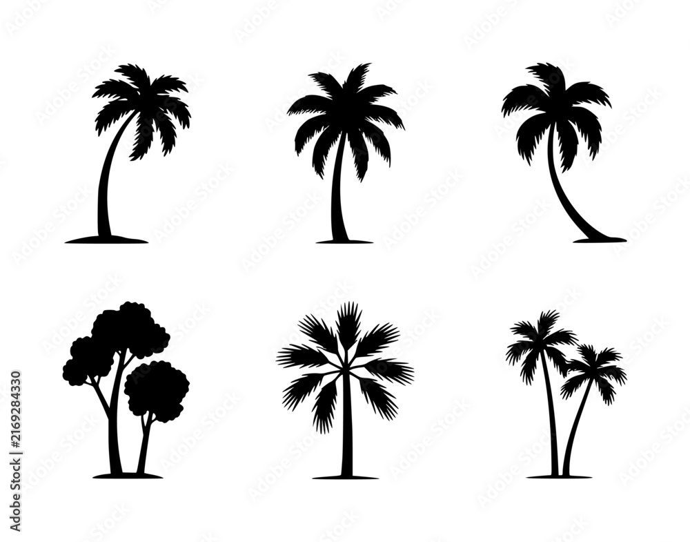 Naklejka premium Collection of black silhouette palm trees and other trees on white background