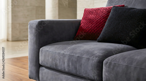 Modern Fabric Sofa with Red and Black Cushions