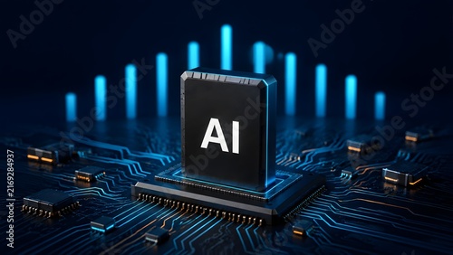 Obraz na płótnie Artificial intelligence microchip processor on circuit board with glowing data analytics bar charts representing machine learning financial growth and computing performance
