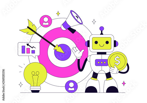 AI Marketing Vector Illustration Featuring Smart Robot, Digital Advertising, Analytics, Target Strategy and Business Growth