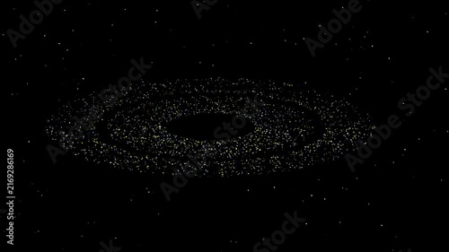 Cosmic dust ring and particle disk animation with orbiting stellar debris and glowing asteroid belt against a deep space background motion graphic loop