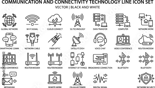 Communication and Connectivity Technology Line Icon Set – Black and White Network, Wireless, and Telecom Vector Icons