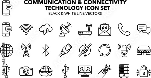 Communication and Connectivity Technology Line Icon Set – Black and White Network, Wireless, and Telecom Vector Icons