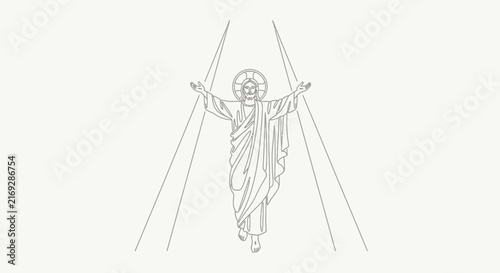 Ascension of Jesus Christ, divine light, religious symbol, holy figure, outline drawing