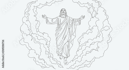 Jesus Christ Ascension Line Art Illustration, Heavenly Clouds, Religious Symbolism, Divine Light