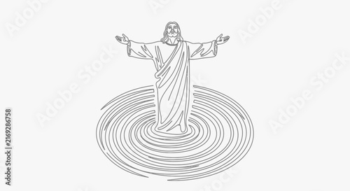 Jesus Christ standing in water with open arms, single line drawing, divine blessing