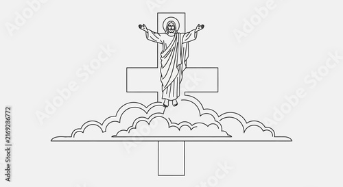 Jesus Christ on Cross Rising Above Clouds, Religious Line Art Illustration