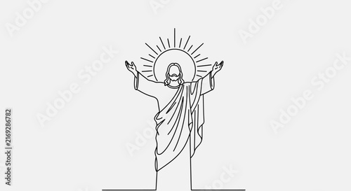 Jesus Christ Line Art with Radiant Sun Halo, Open Arms, Divine Light